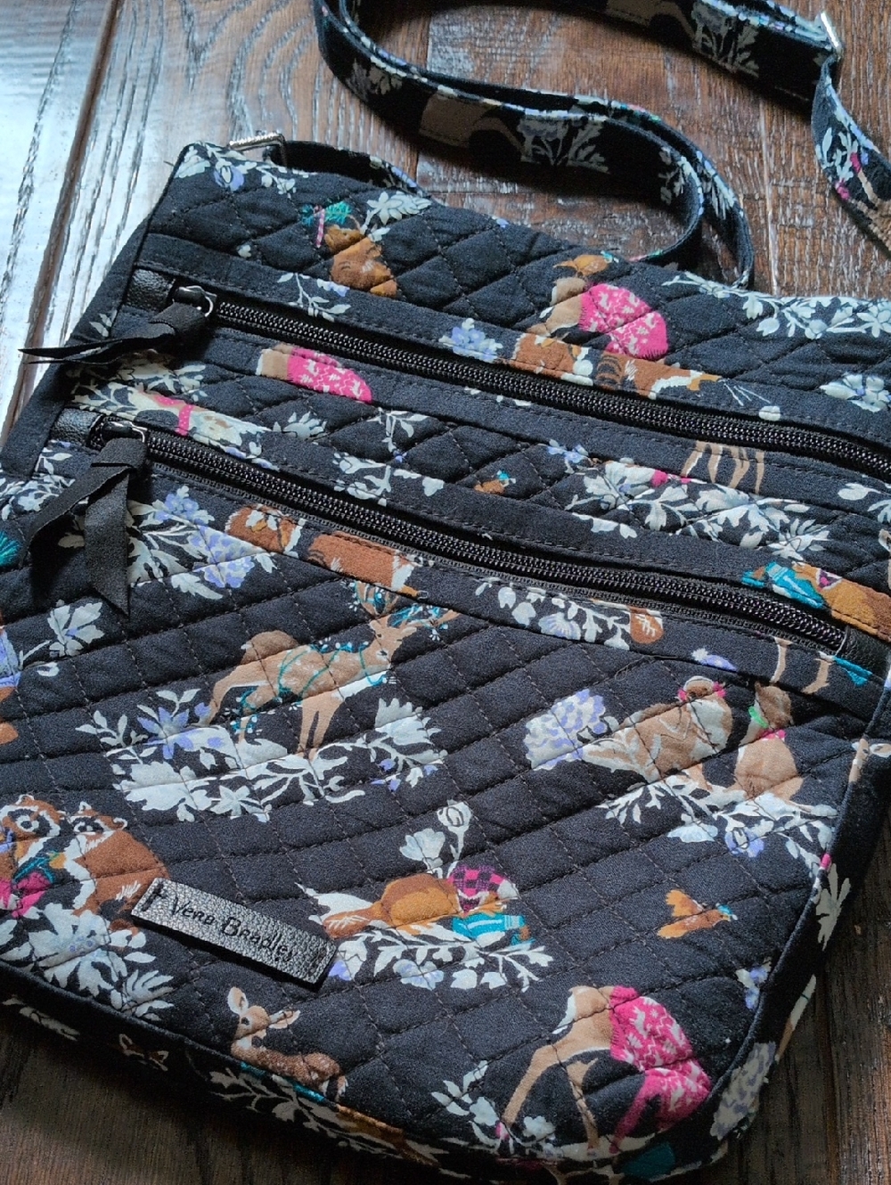 VERA BRADLY I Black Merry Mischief Winter Forest Animals Quilted Crossbody Purse